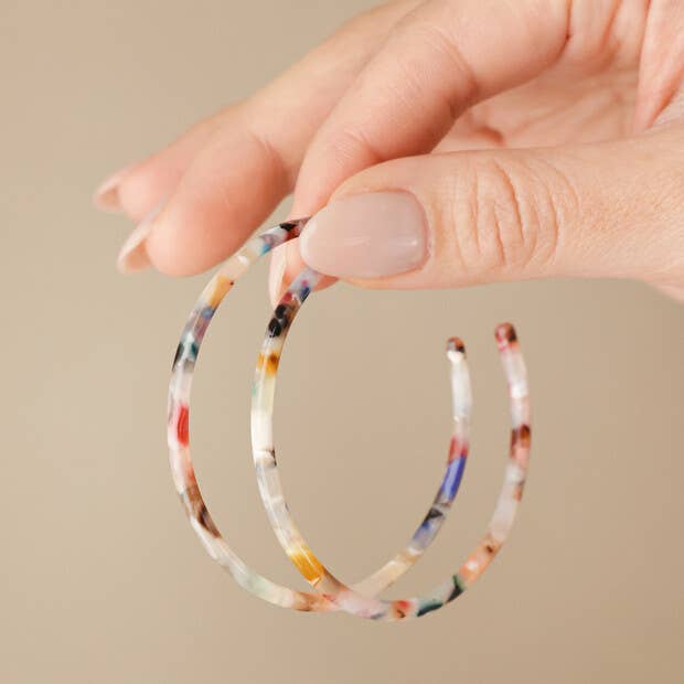 Large Tortoiseshell Resin Hoop Earrings in Rainbow