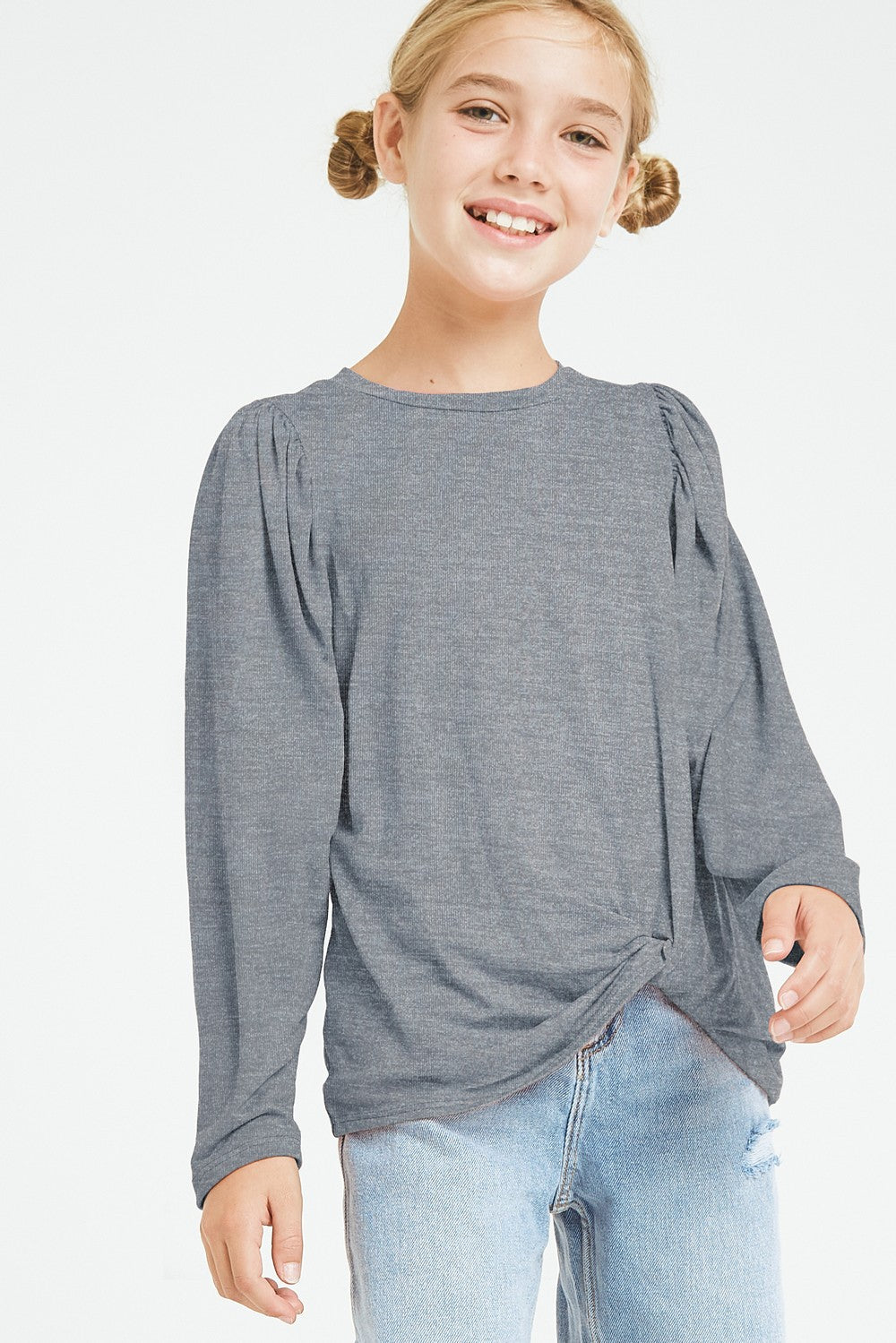 Girl's Charcoal Balloon Sleeve Top