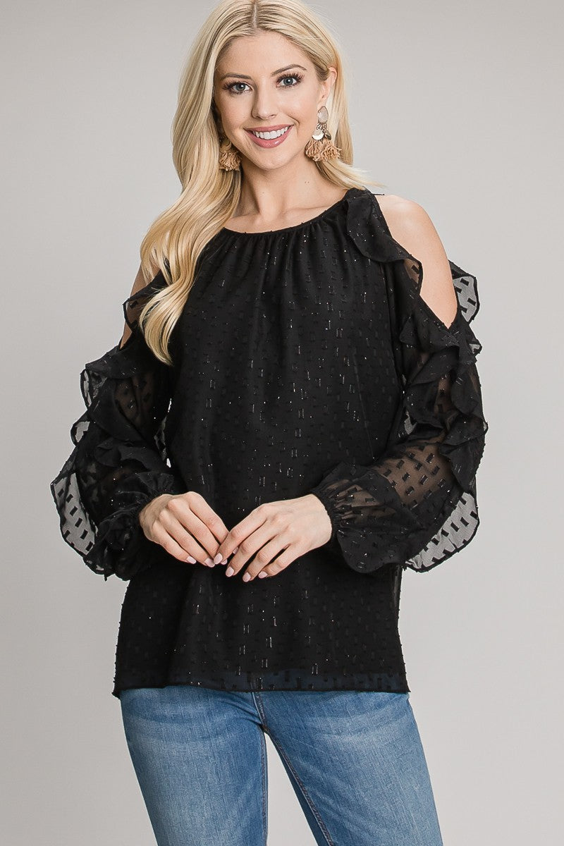 Ruffled Cold Shoulder Blouse - Multiple Colors