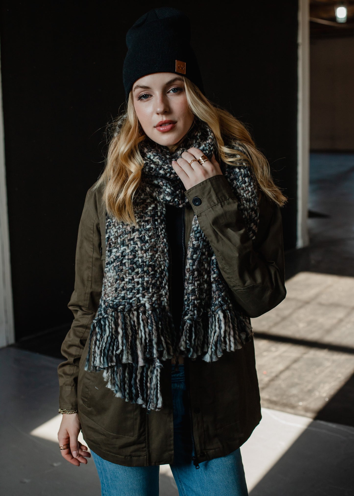 Grey + Brown Loom Woven Scarf