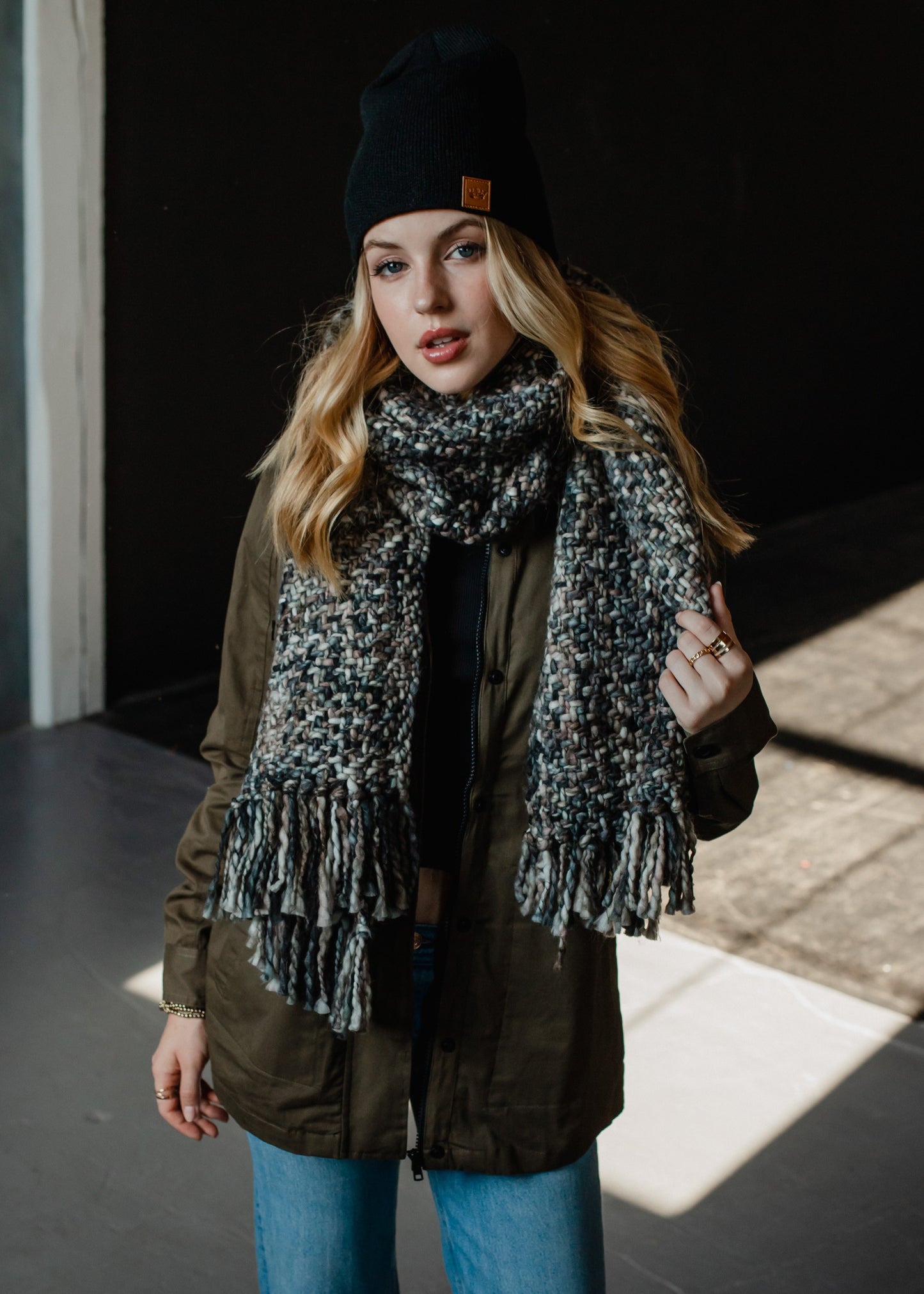 Grey + Brown Loom Woven Scarf