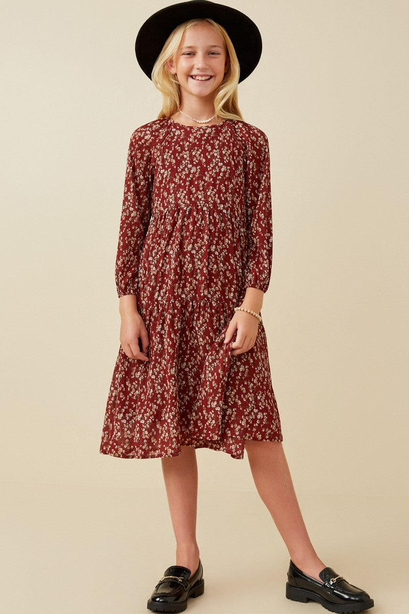 Girl's Burgundy Floral Midi Dress