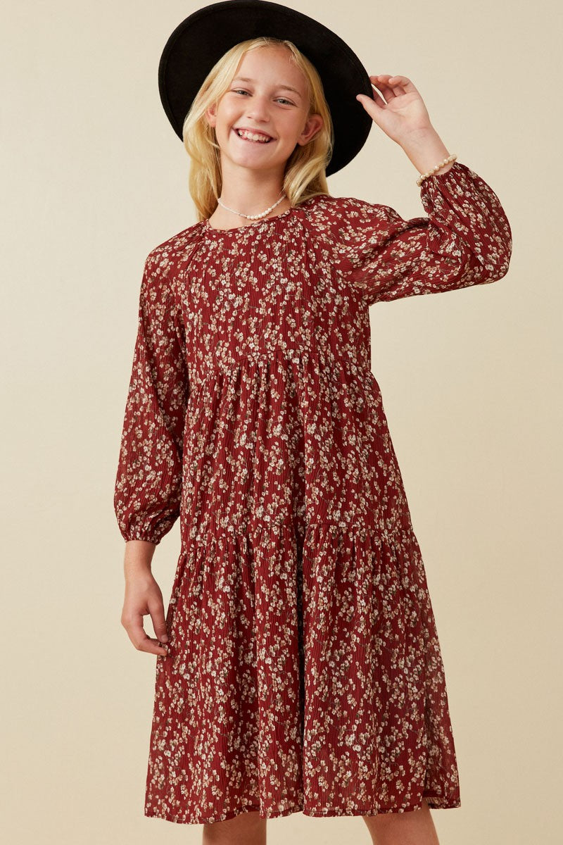 Girl's Burgundy Floral Midi Dress
