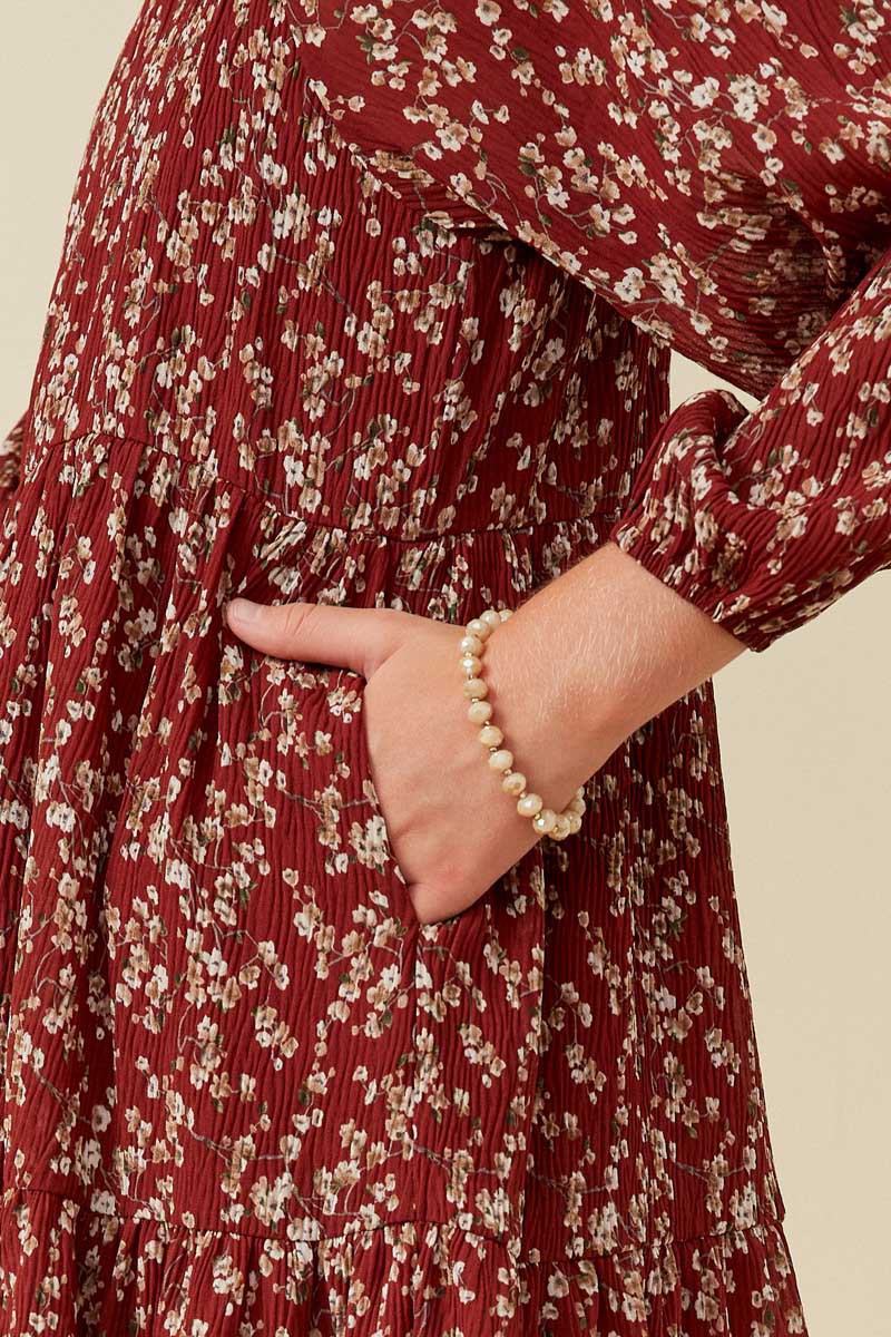 Girl's Burgundy Floral Midi Dress
