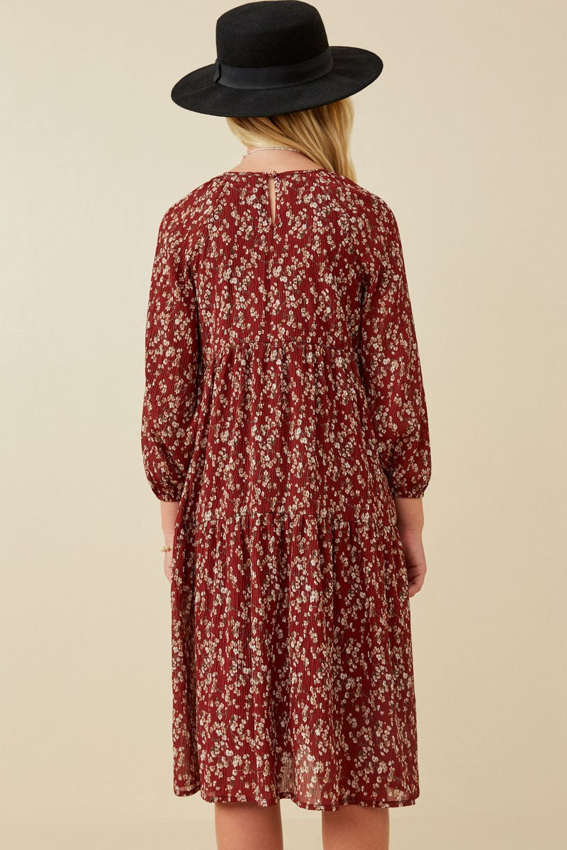 Girl's Burgundy Floral Midi Dress