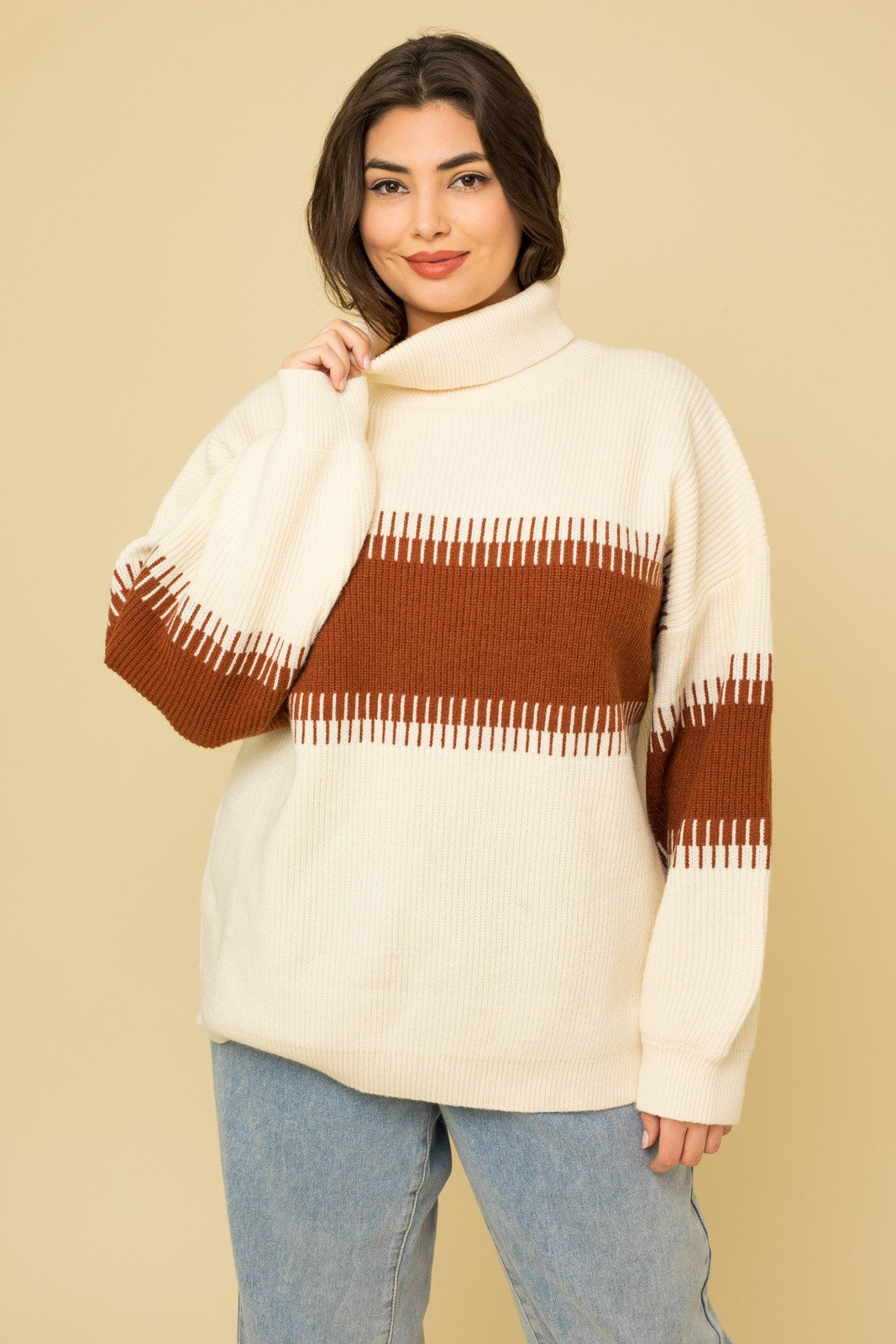 Plus Size Contrast Colorblock Turtleneck Sweater