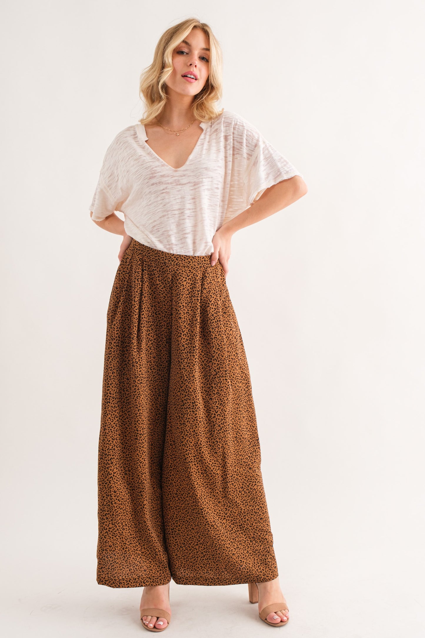 Pleated Leopard Wide Leg Pant