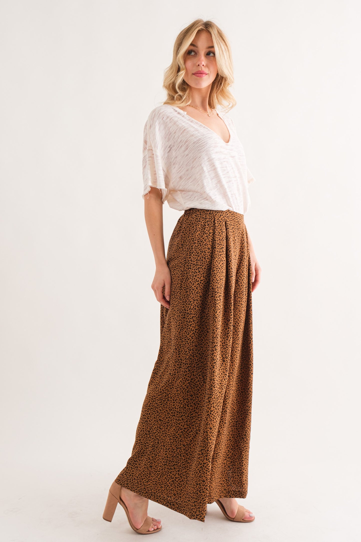 Pleated Leopard Wide Leg Pant