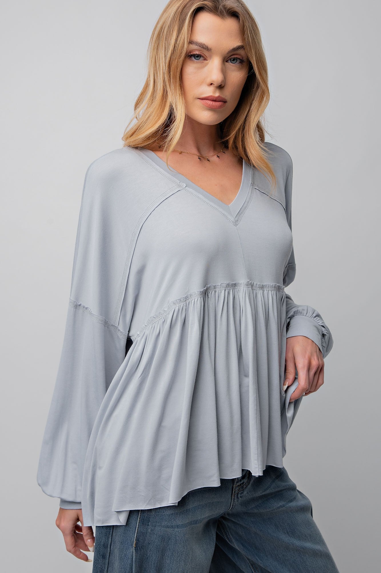 Blue Grey Boho Long Sleeve Top