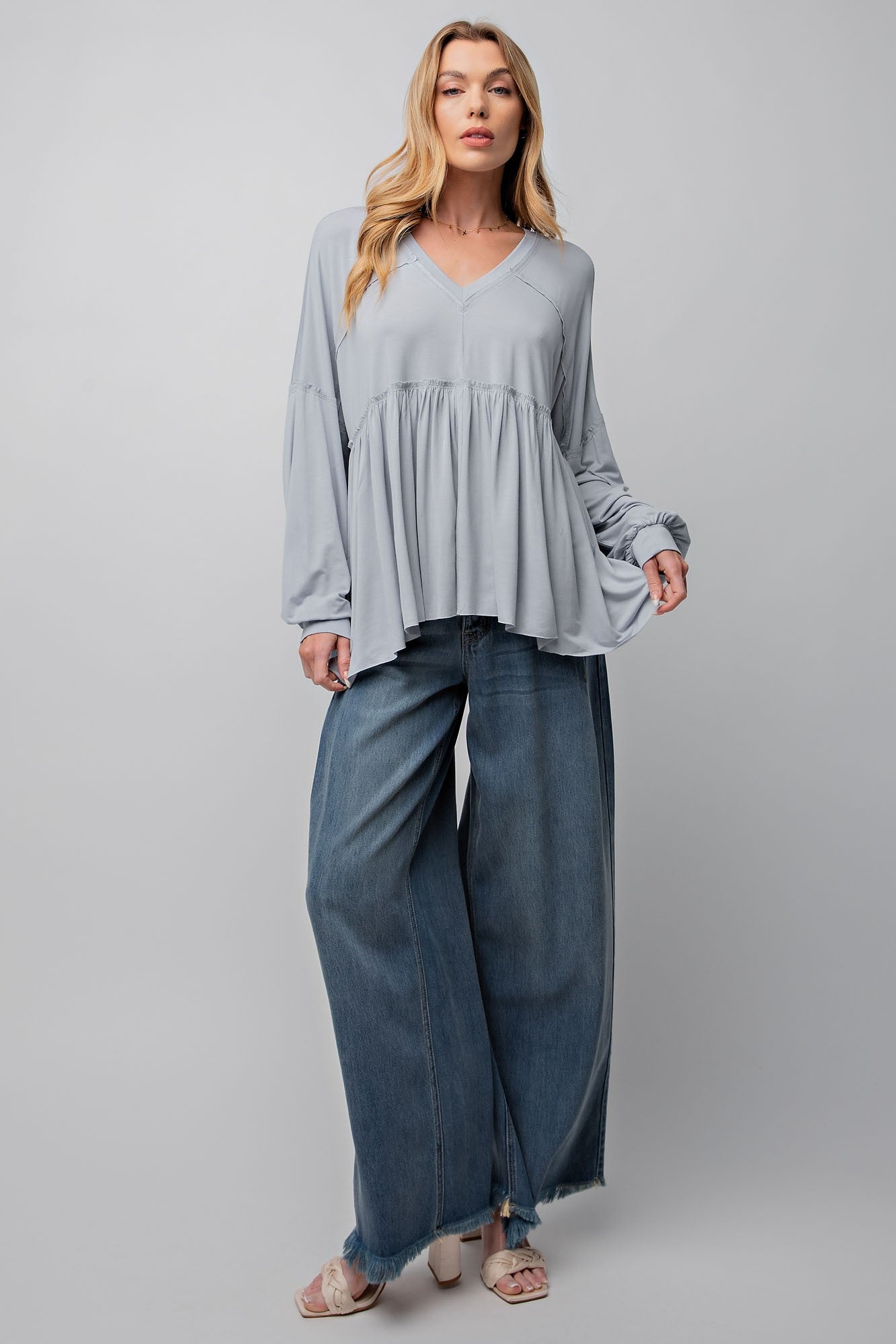 Blue Grey Boho Long Sleeve Top