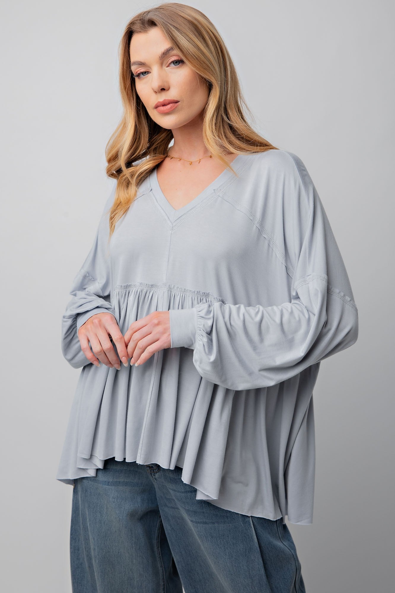 Blue Grey Boho Long Sleeve Top