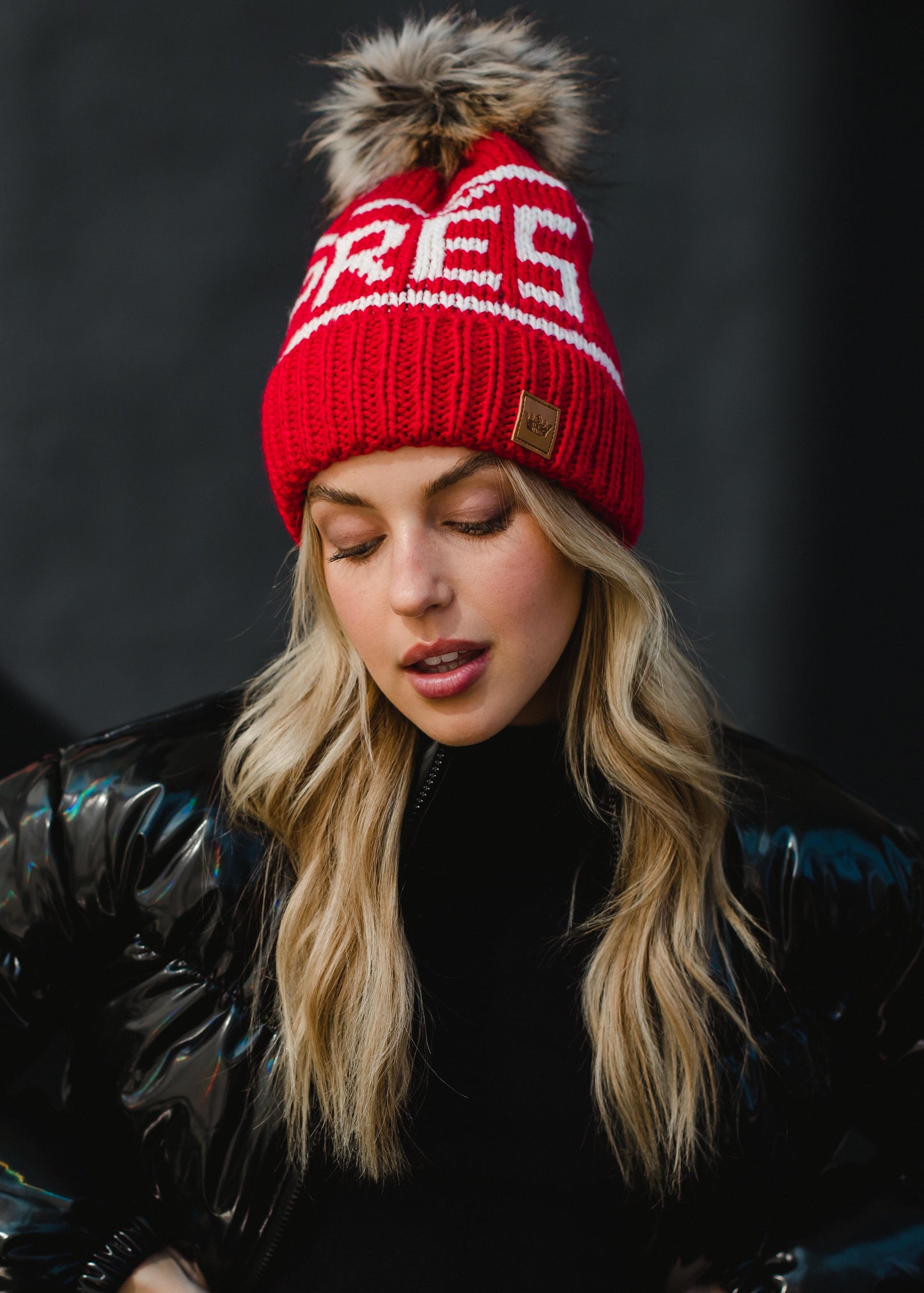 Red Apres Pom Hat