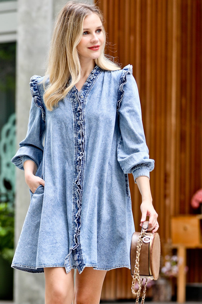 Dahlia Ruffle Detail Denim Dress