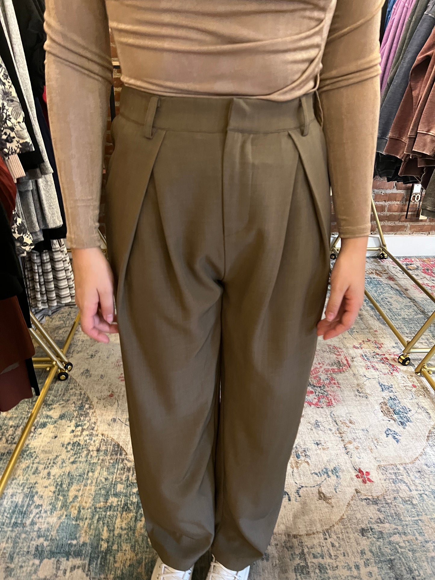 Olive High Waist Pleated Wide Leg Pant
