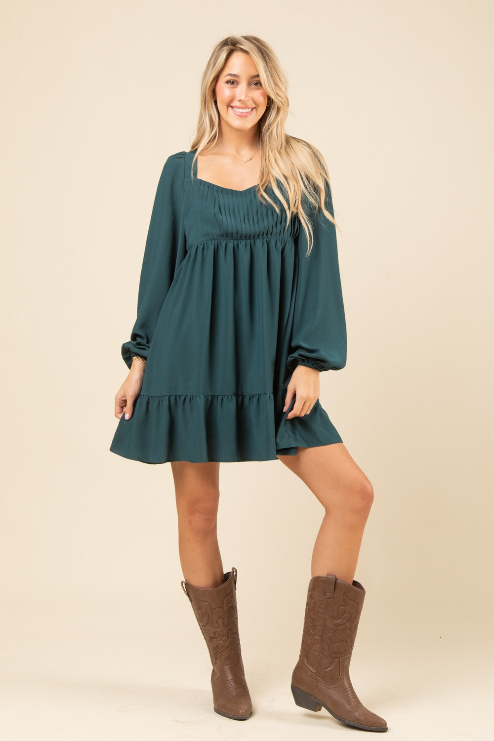 Forest Green Pleated Tie Back Dress
