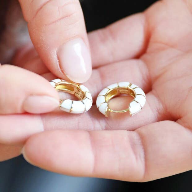 White Hoop Geometric Enamel Earrings