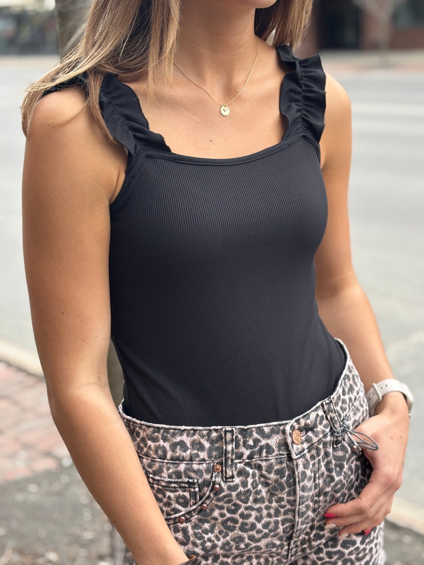 Black Ruffle Tank Bodysuit