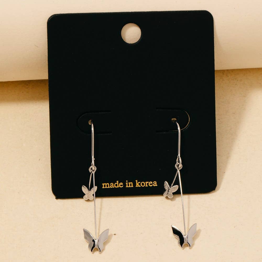 Silver Butterflies And Bar Hook Dangle Earrings