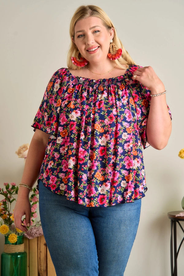 Lou Navy Floral Smocked Top Plus Size