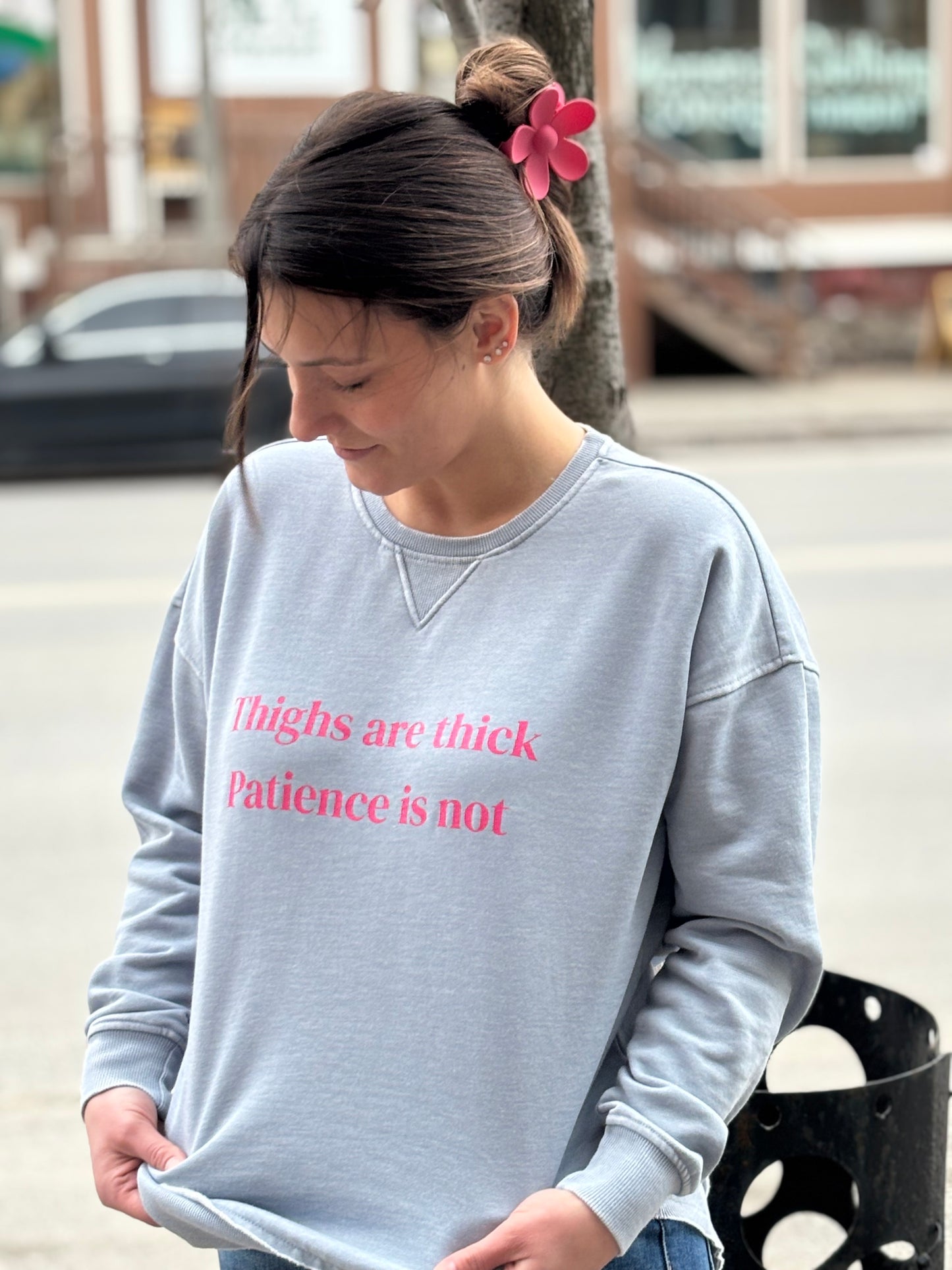 Thighs Are Thick Patience Is Not Burnout Fleece Sweatshirt