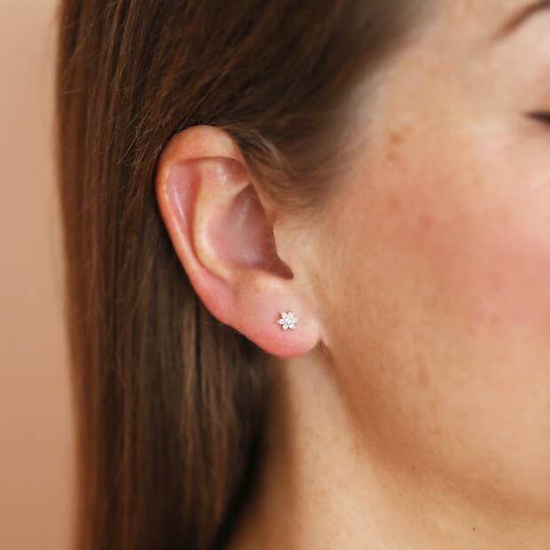 Tiny Sterling Silver Crystal Flower Star Stud Earrings