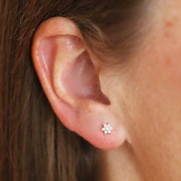 Tiny Sterling Silver Crystal Flower Star Stud Earrings