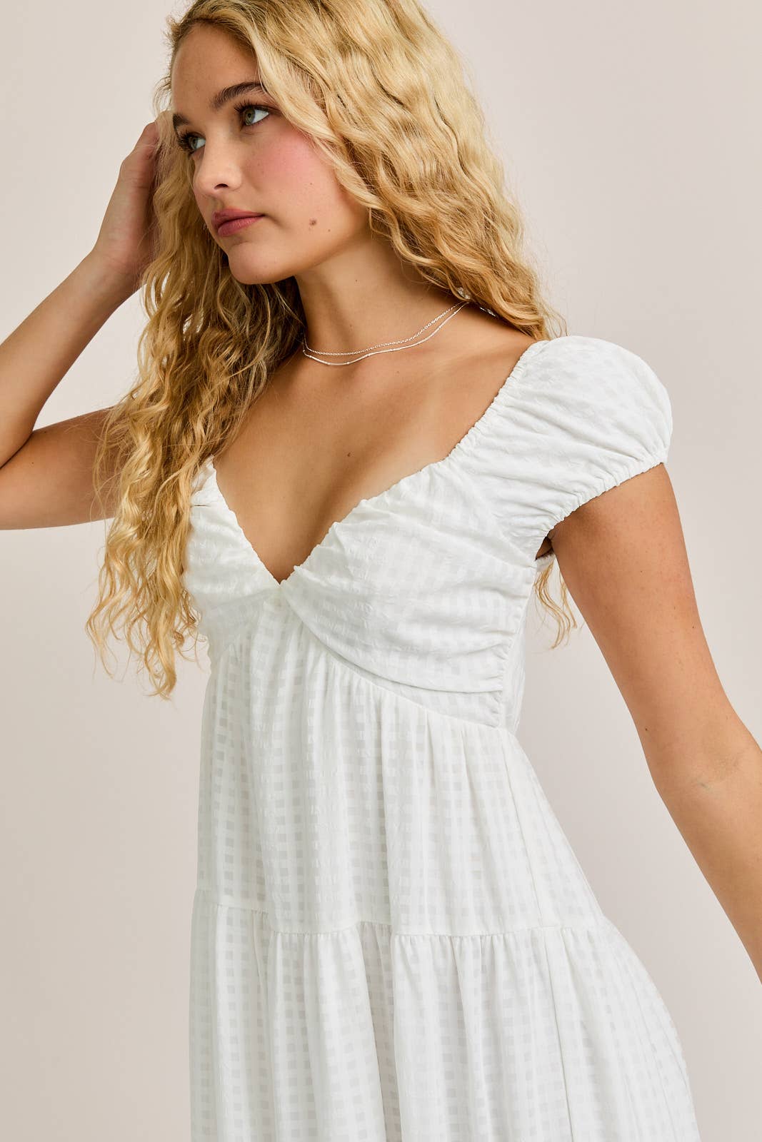 White Gingham Tiered Midi Dress