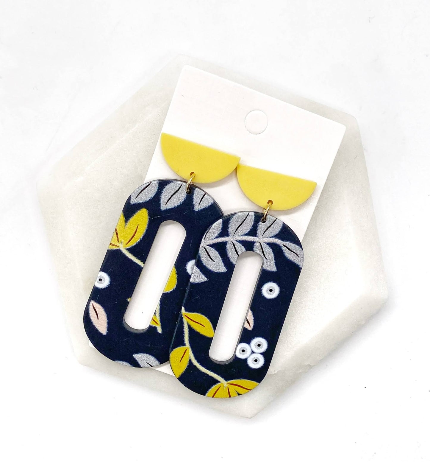 Navy Yellow Floral Acrylic Earrings