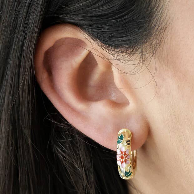 Pink Cloisonné Hoop Earrings in Gold