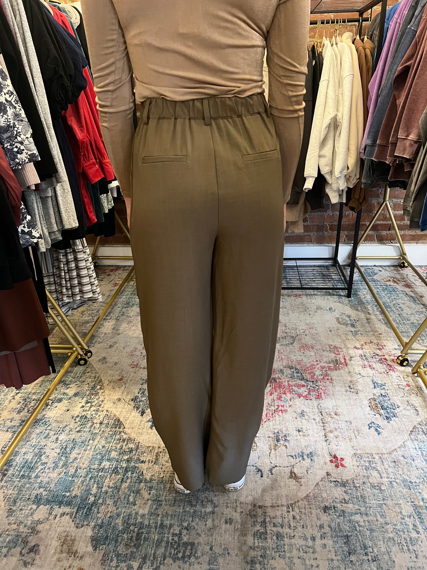 Olive High Waist Pleated Wide Leg Pant