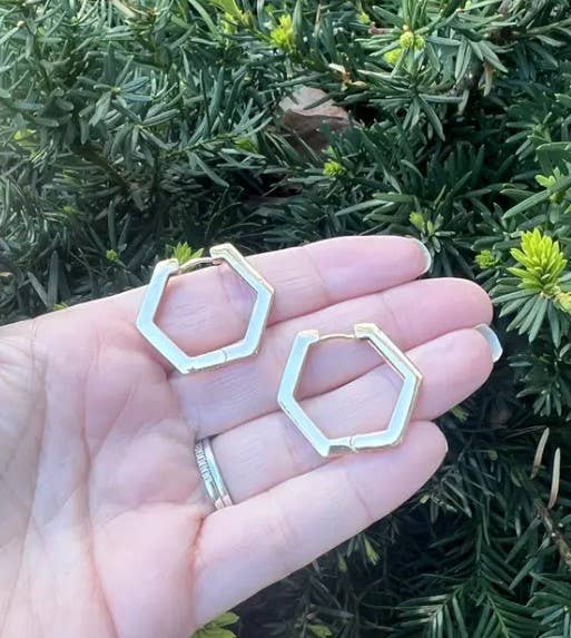 Gold Hex Hexagon Huggie Hoop Earrings