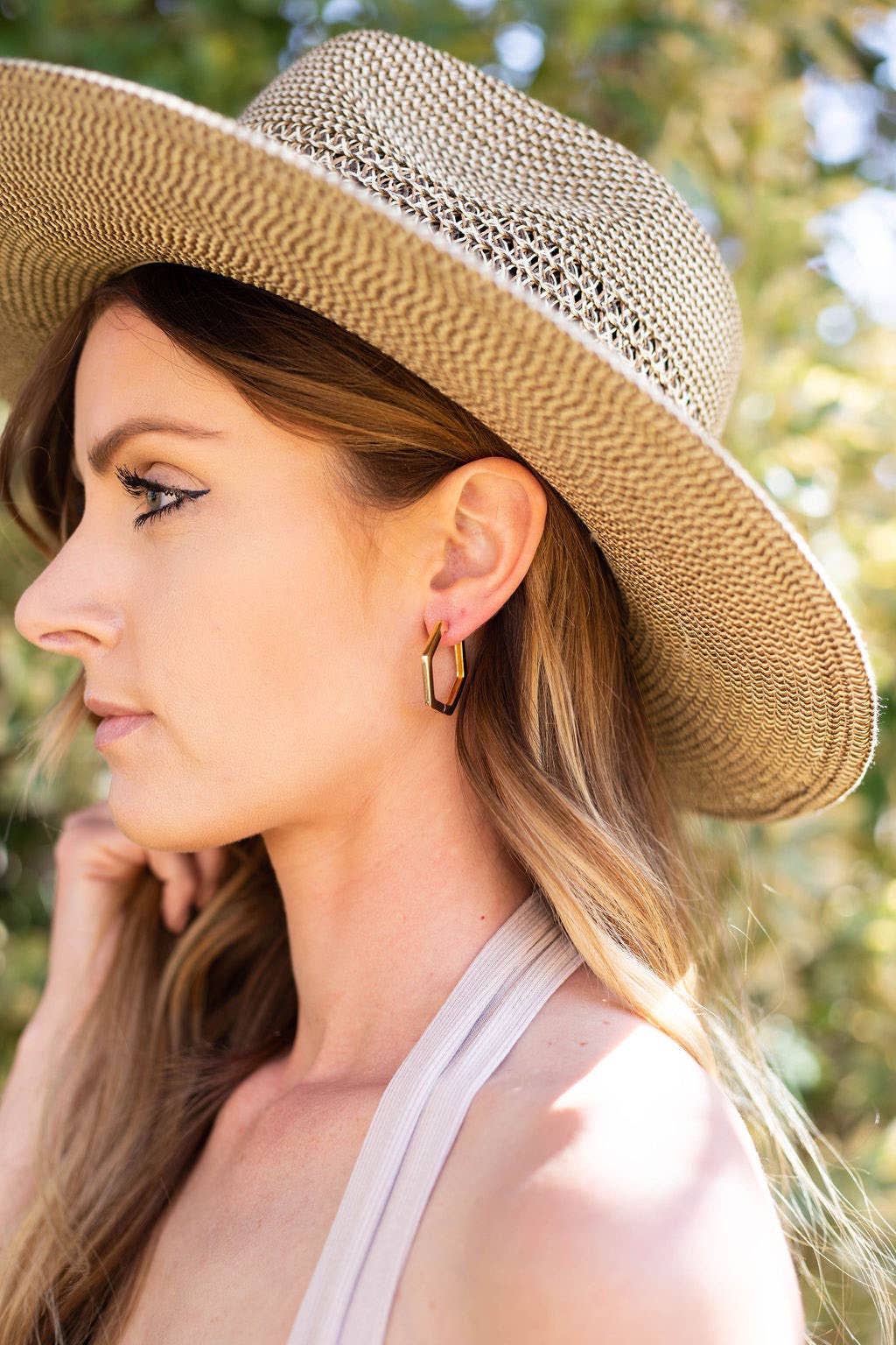 Gold Hex Hexagon Huggie Hoop Earrings