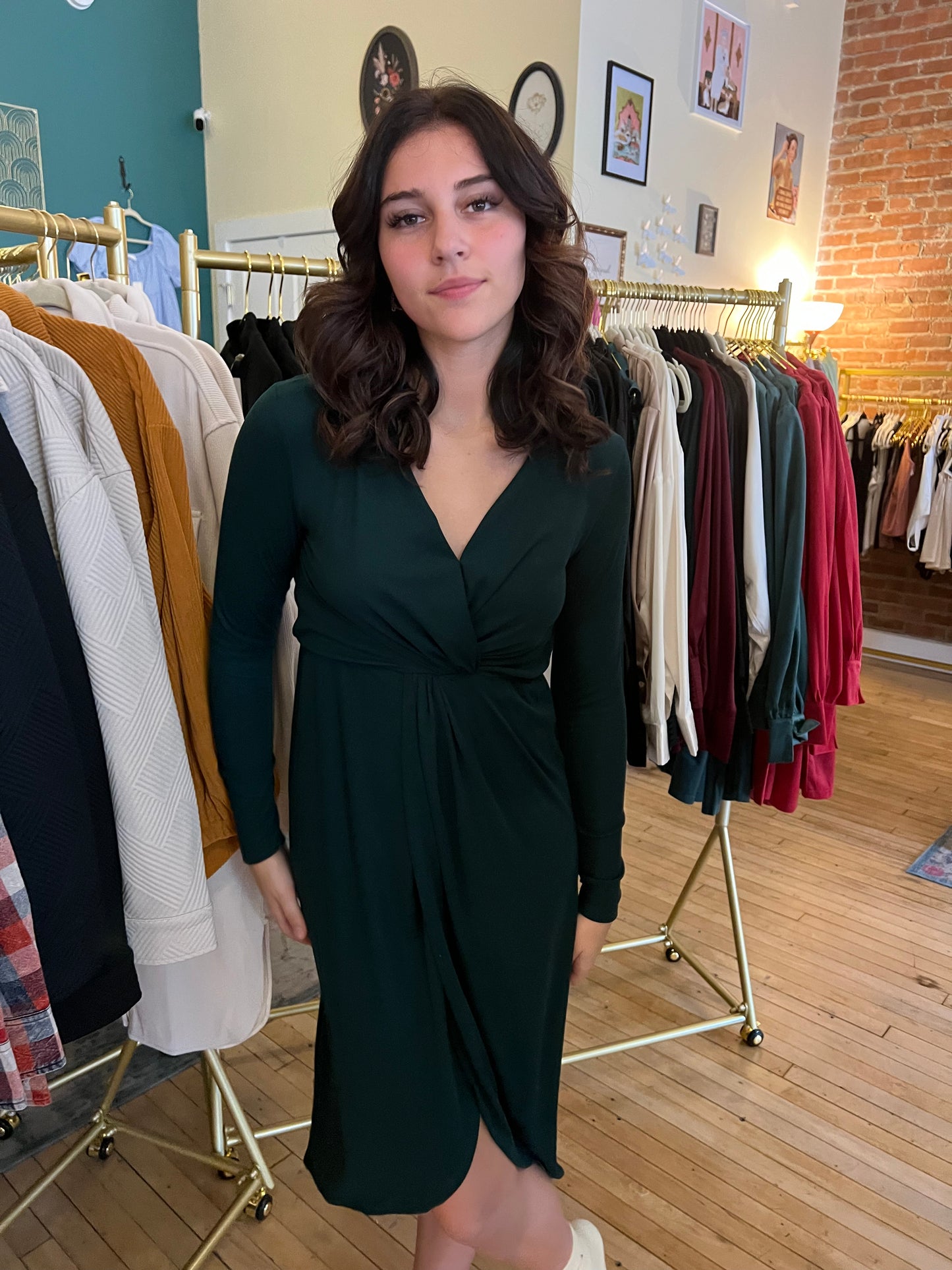 Hunter Green Front Twist Midi Dress