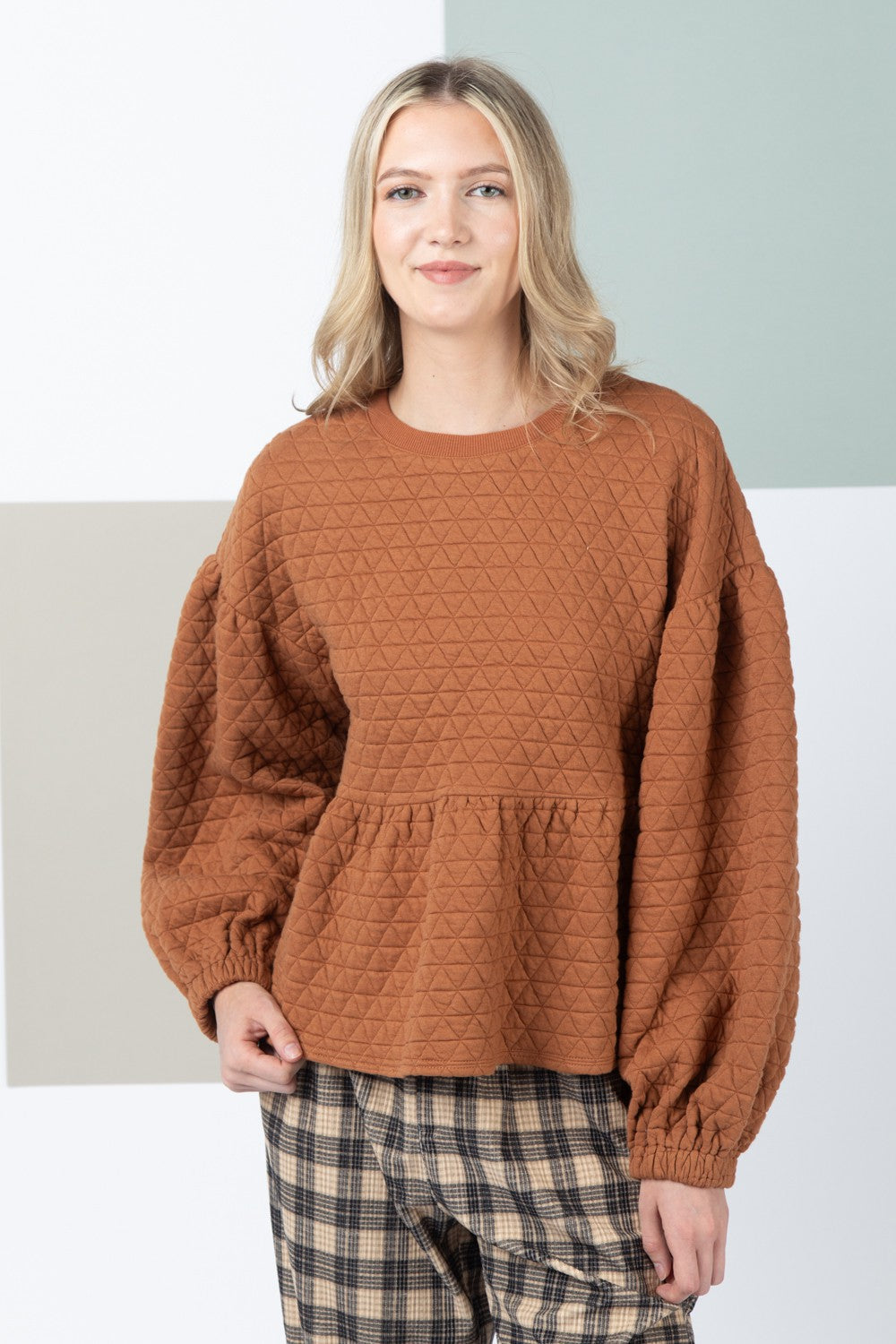 Quilted Balloon Sleeve Top - Multiple Colors