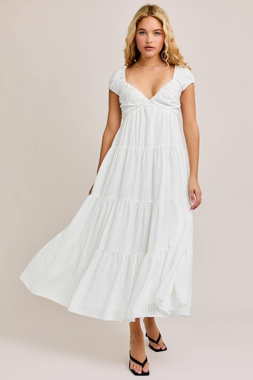White Gingham Tiered Midi Dress