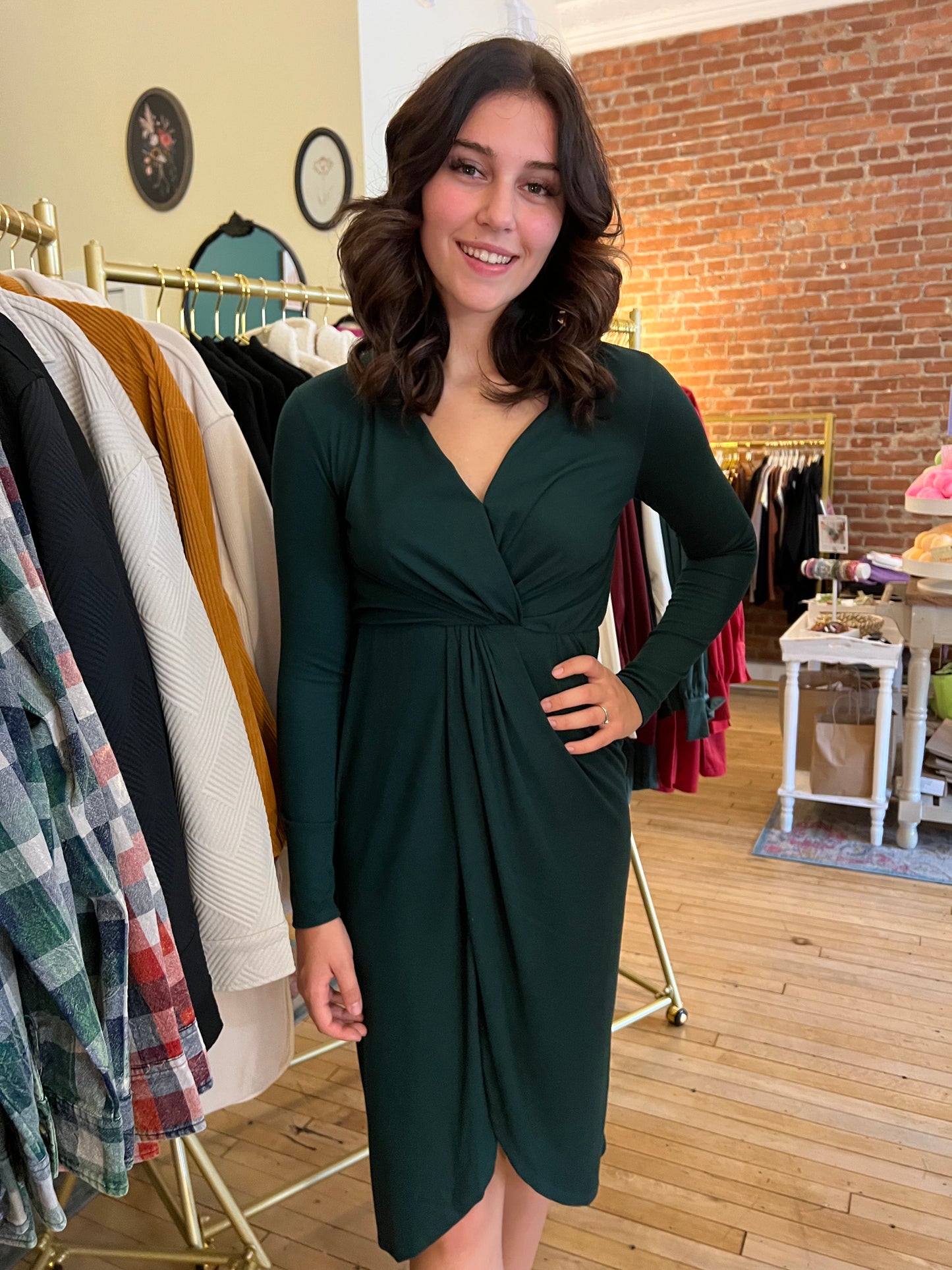 Hunter Green Front Twist Midi Dress