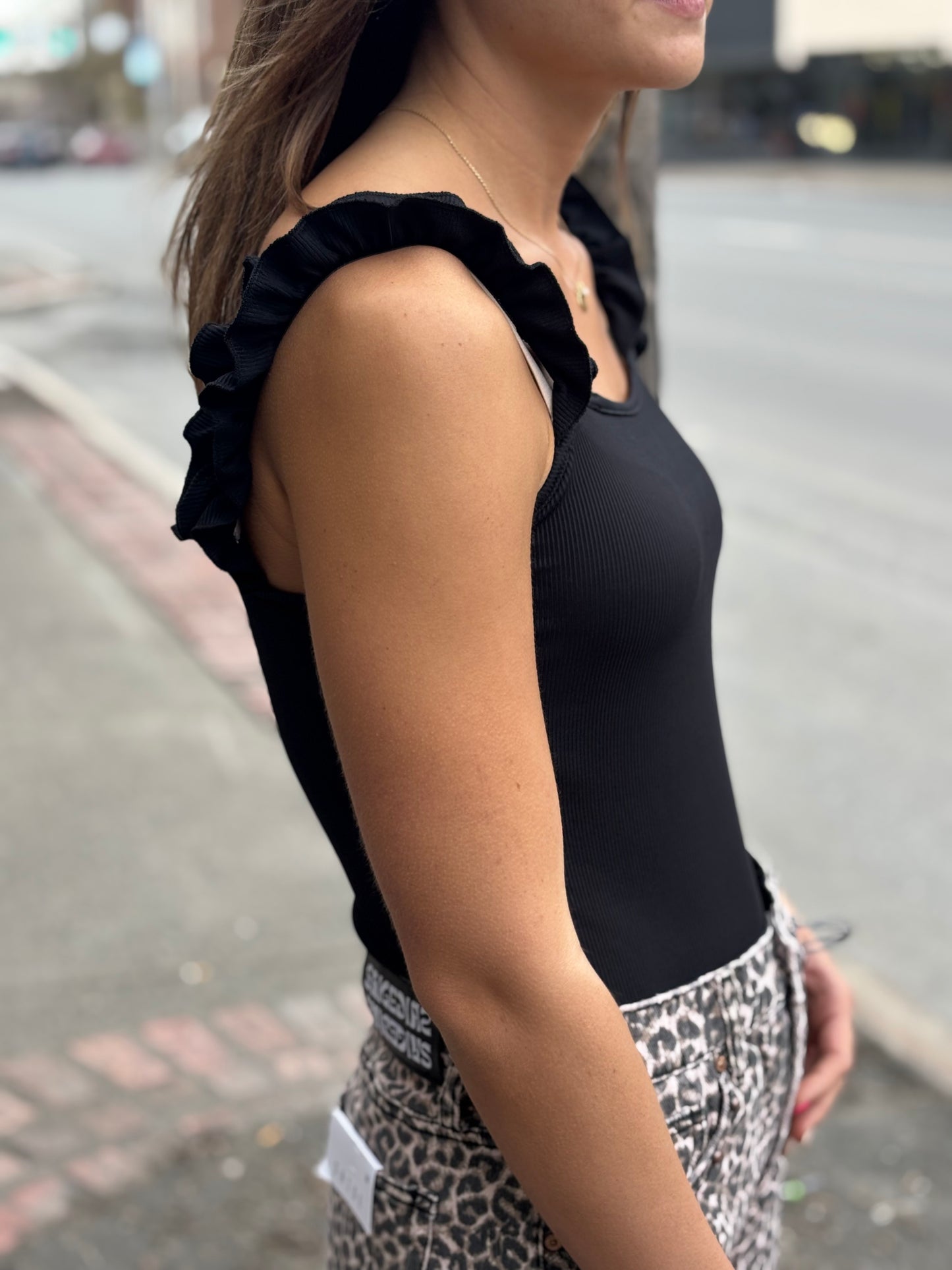 Black Ruffle Tank Bodysuit