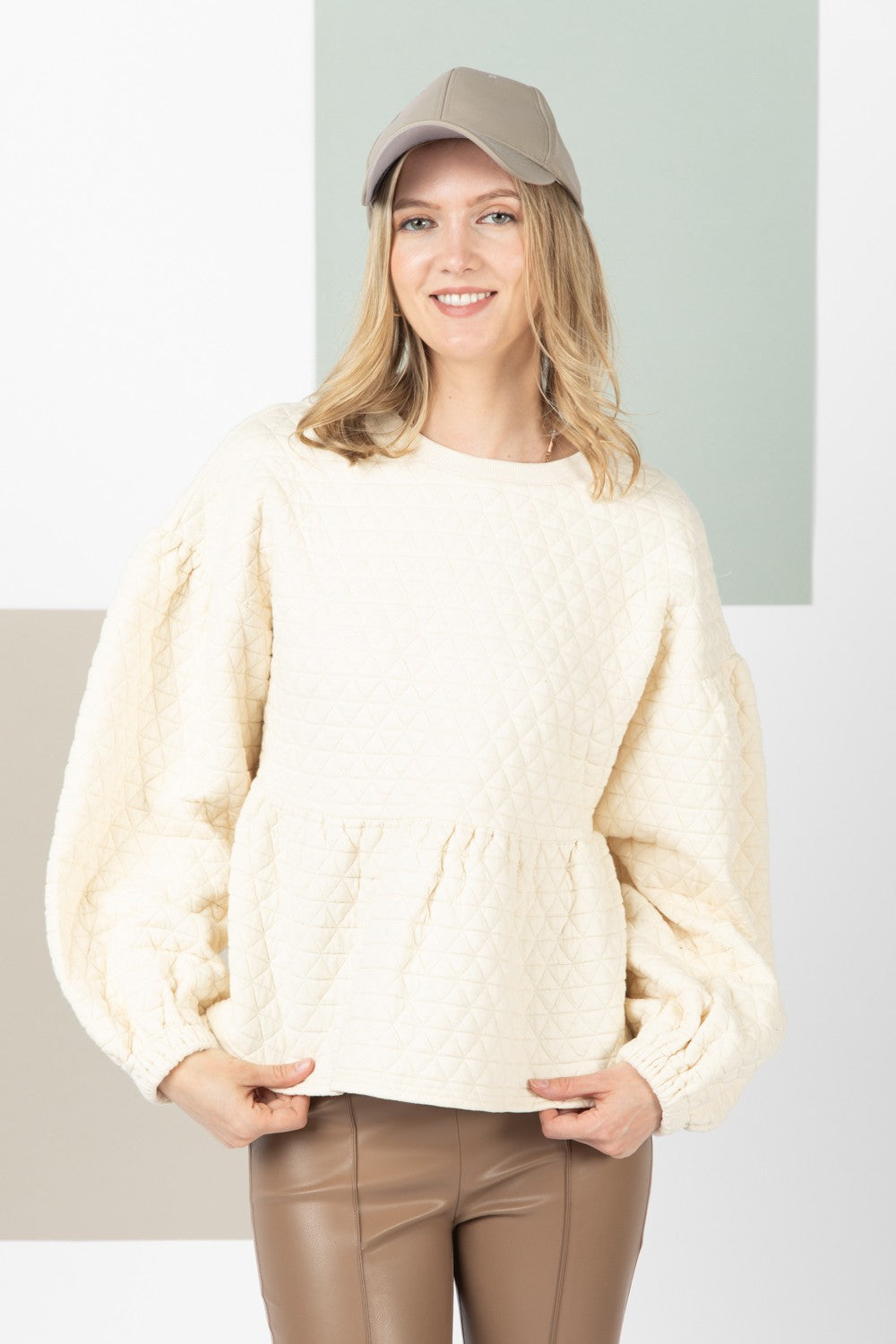 Quilted Balloon Sleeve Top - Multiple Colors