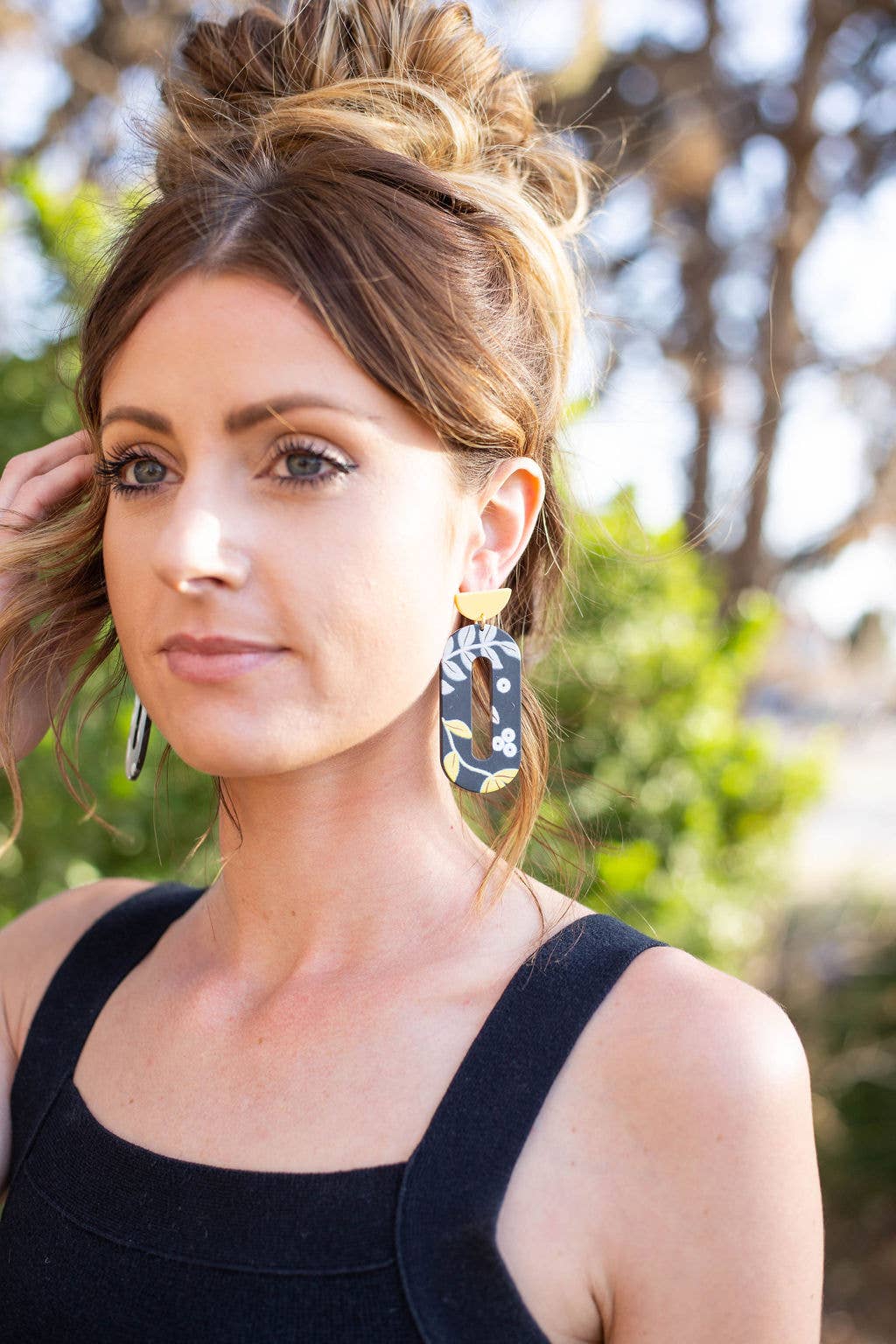 Navy Yellow Floral Acrylic Earrings