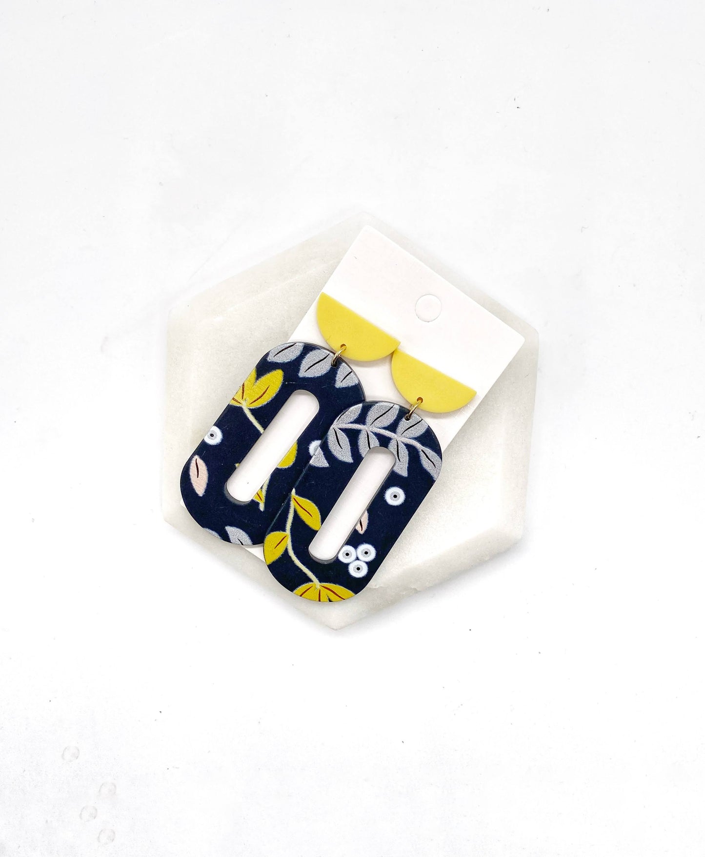 Navy Yellow Floral Acrylic Earrings