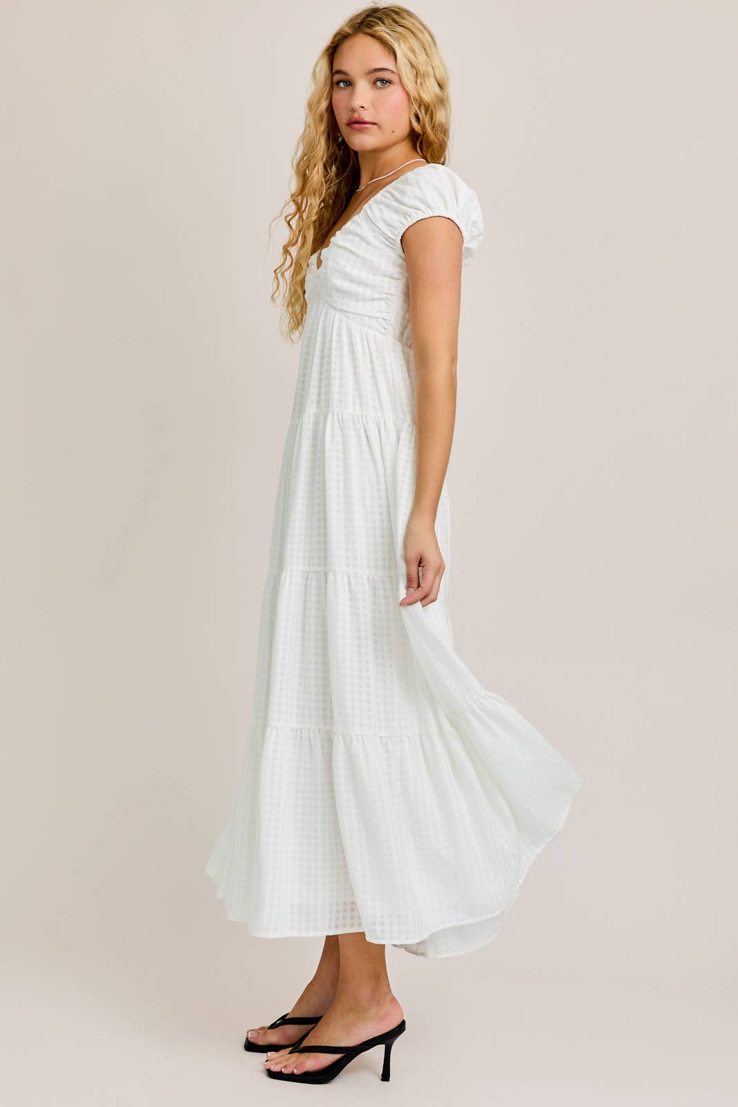 White Gingham Tiered Midi Dress
