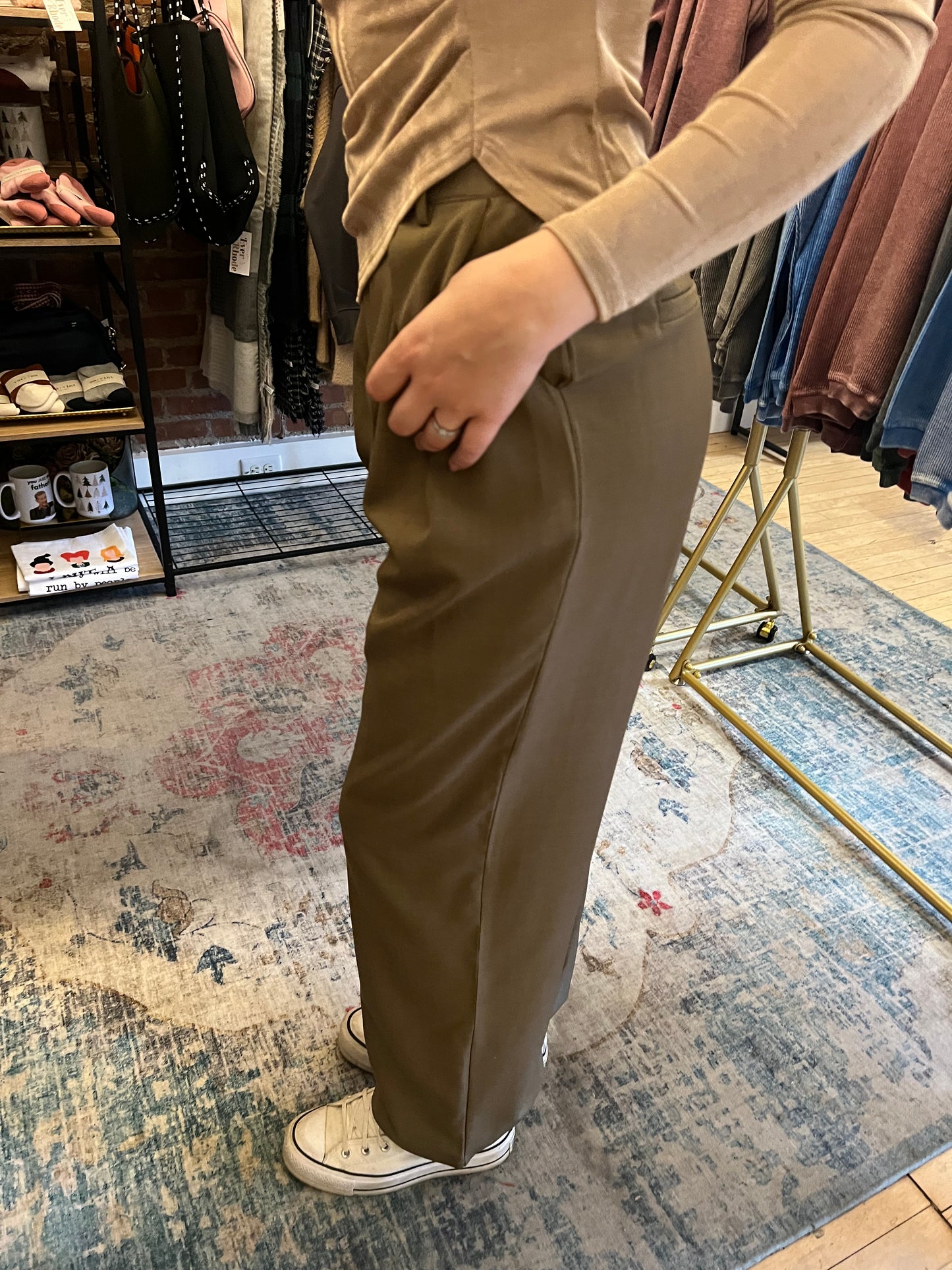 Olive High Waist Pleated Wide Leg Pant