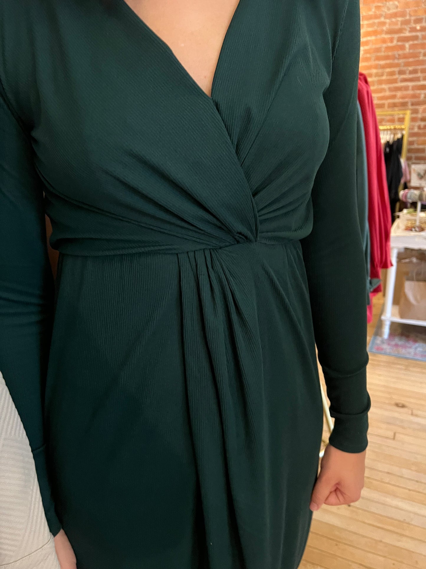 Hunter Green Front Twist Midi Dress