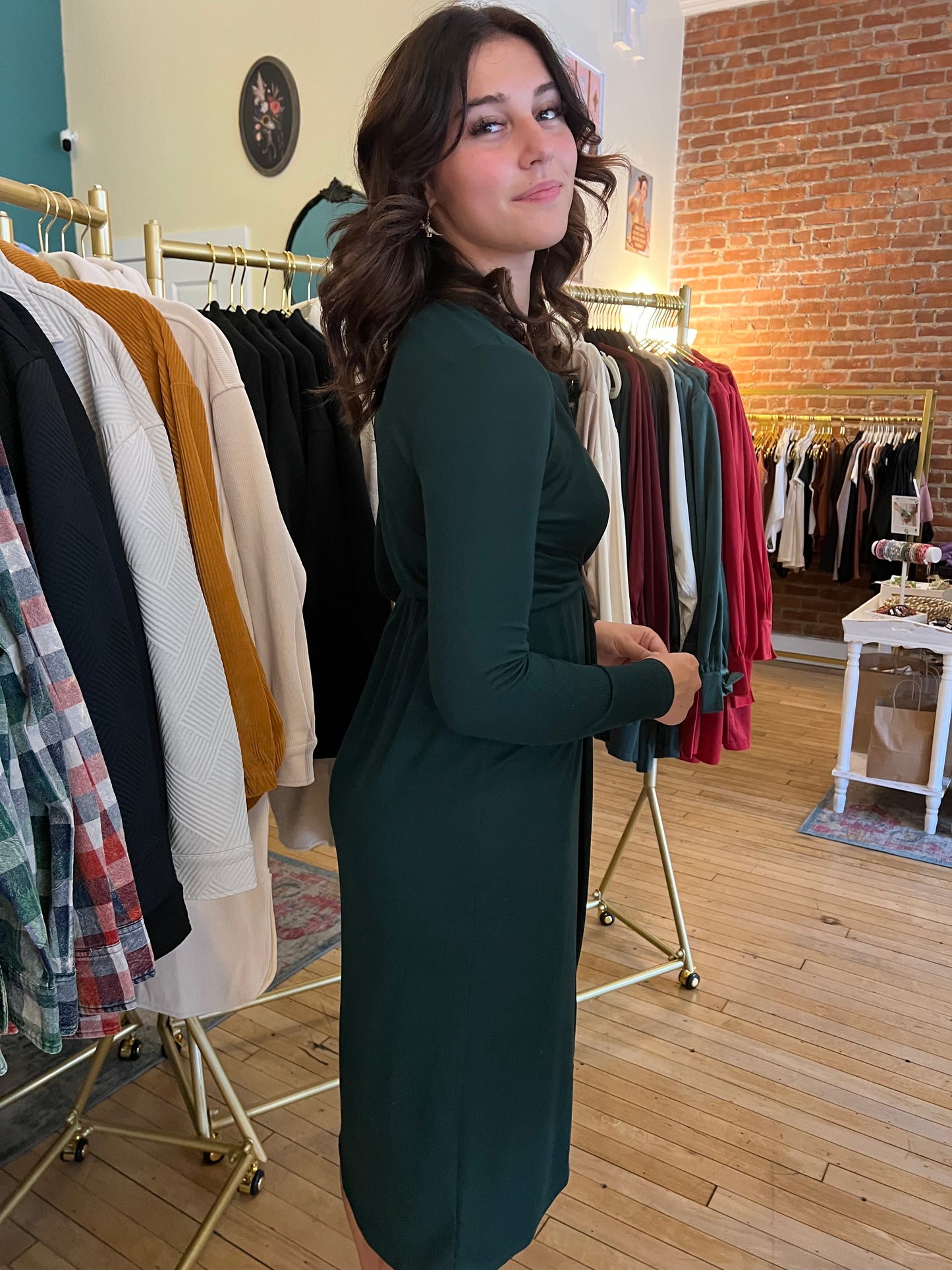 Hunter Green Front Twist Midi Dress