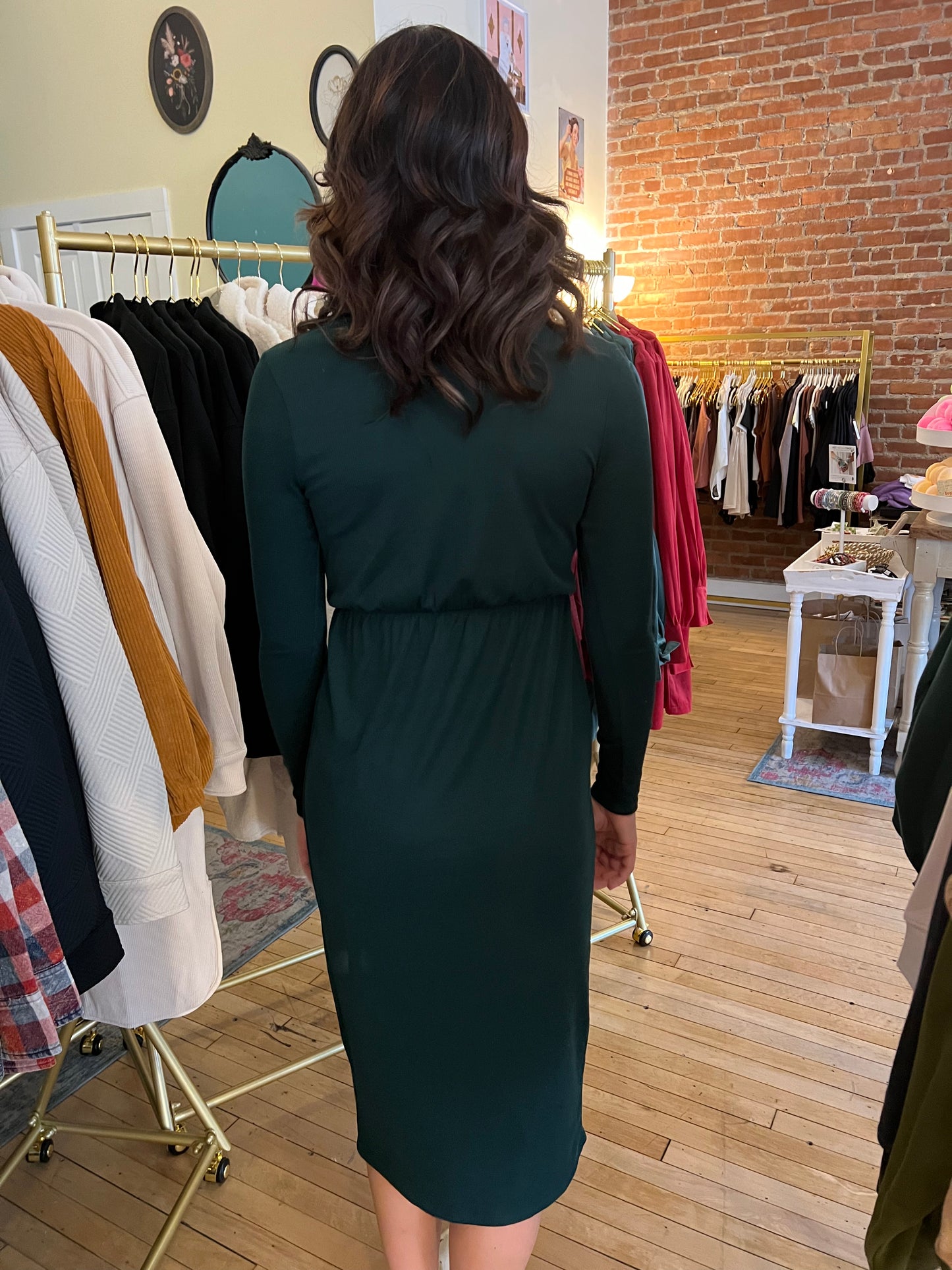 Hunter Green Front Twist Midi Dress