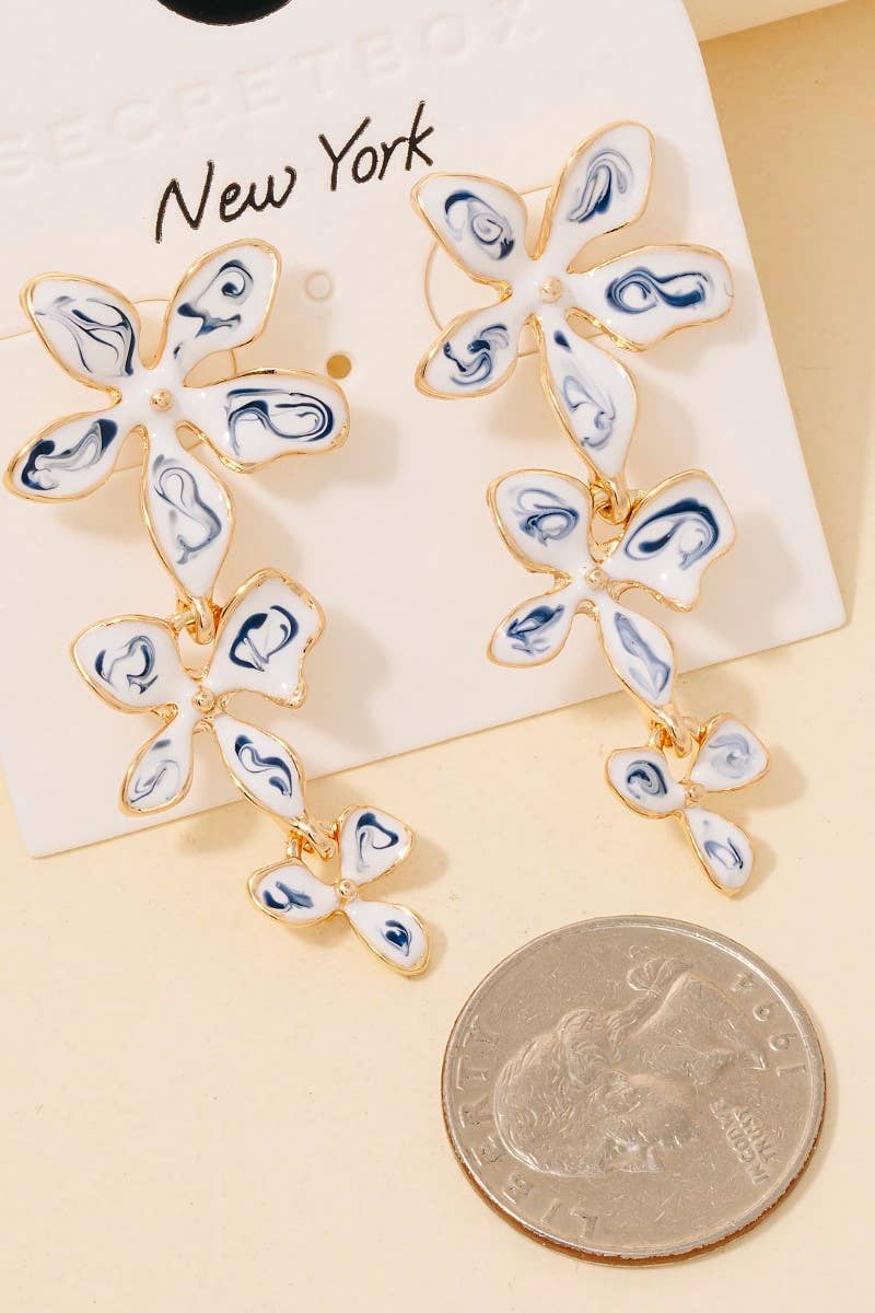 Blue Ceramic Flower Link Chain Dangle Earrings