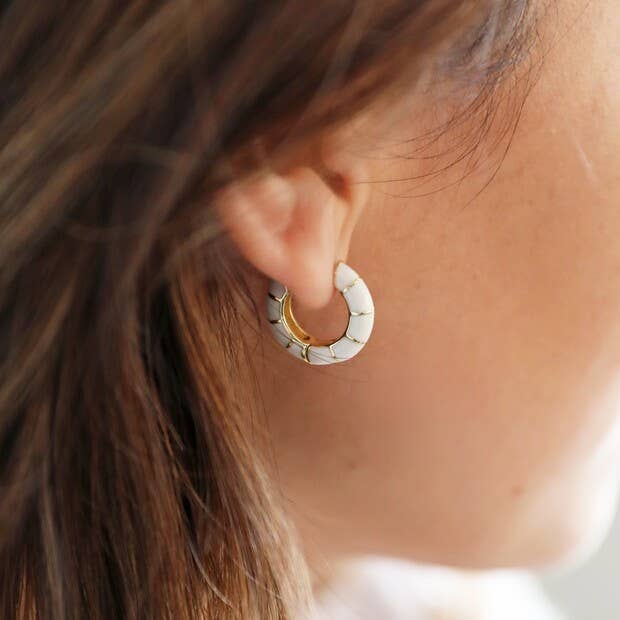 White Hoop Geometric Enamel Earrings