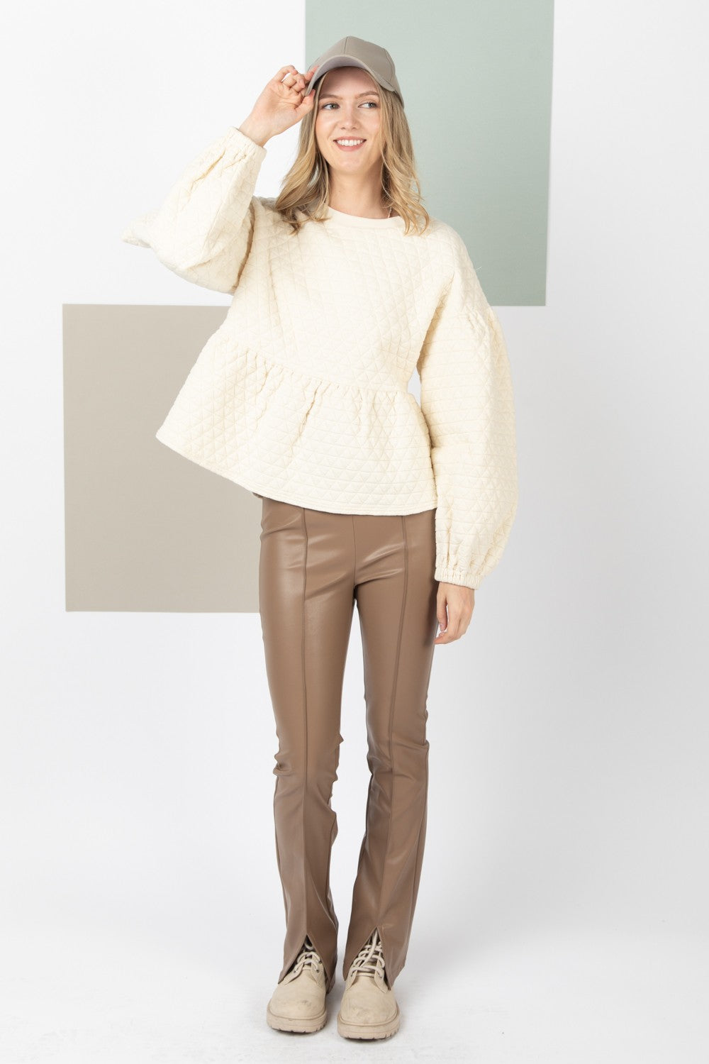 Quilted Balloon Sleeve Top - Multiple Colors