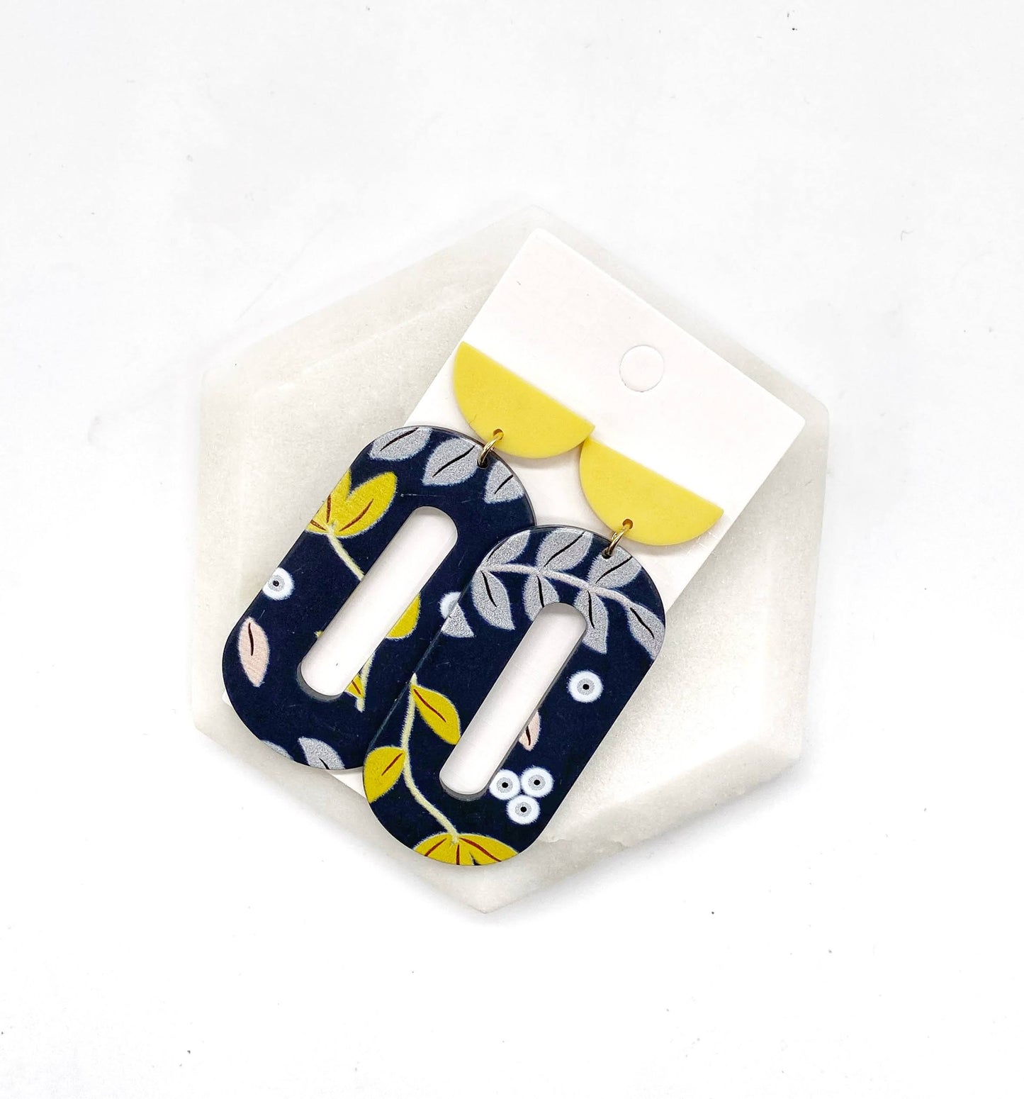 Navy Yellow Floral Acrylic Earrings