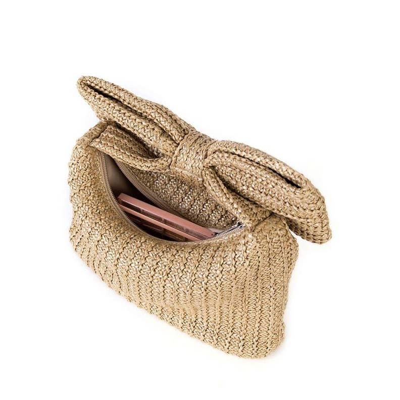 Woven Pouch Zipper Bag with Ribbon Handles